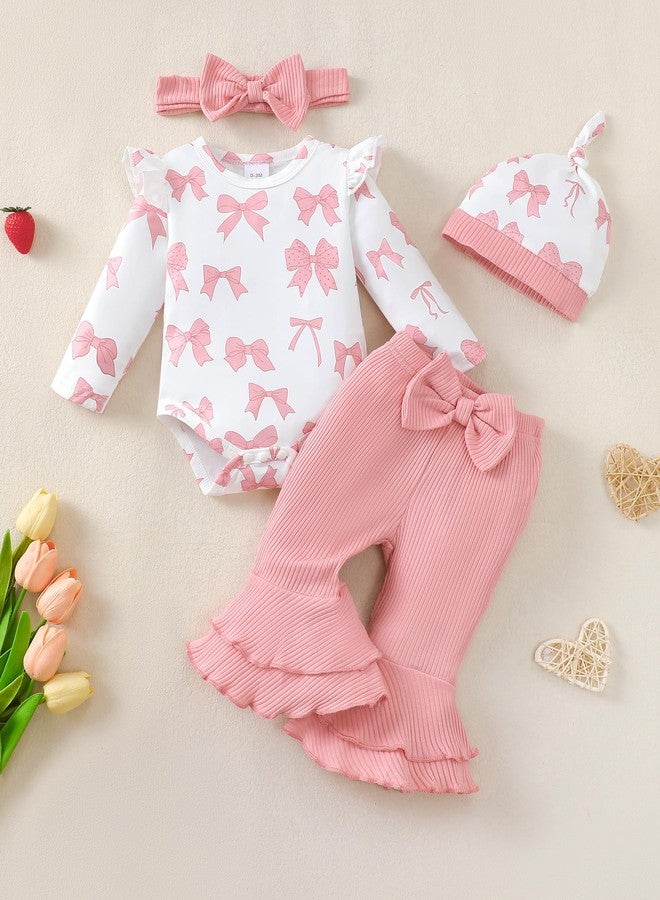 Renotemy Newborn Infant Baby Girl Clothes 0-3 Months Baby Girl Outfit Infant Long Sleeve Romper Clothes Coming Home Newborn Essentials Outfits Gifts Pink Bell Bottom Pants Bodysuit Clothing Set - Image 3