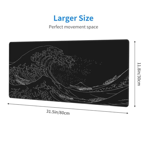 Brecoy Japanese Sea Wave Large Mouse Pad Anime Black Gaming Extended Kanagawa Mat Desk Pad 3mm Thick Long NonSlip Rubber Base Mice Pad 315 X 118 Inch - Image 3