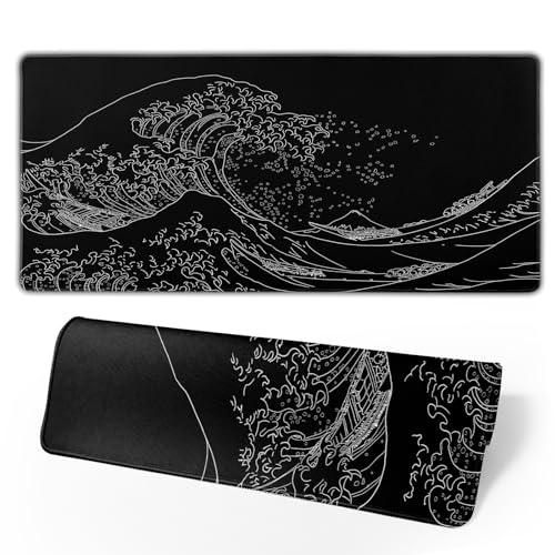 Brecoy Japanese Sea Wave Large Mouse Pad Anime Black Gaming Extended Kanagawa Mat Desk Pad 3mm Thick Long NonSlip Rubber Base Mice Pad 315 X 118 Inch - Image 1