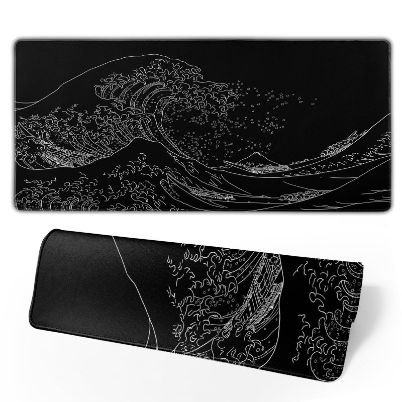 Brecoy Japanese Sea Wave Large Mouse Pad Anime Black Gaming Extended Kanagawa Mat Desk Pad 3mm Thick Long NonSlip Rubber Base Mice Pad 315 X 118 Inch - Image 2