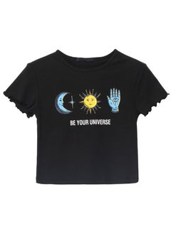 1 x 5 pcs Bm HyunA Style Butterfly Short Sleeve T-Shirt Womens Shortie Belly Bear Hong Kong Flavor Top Polyester Fiber round Neck Elegant 303 * Black