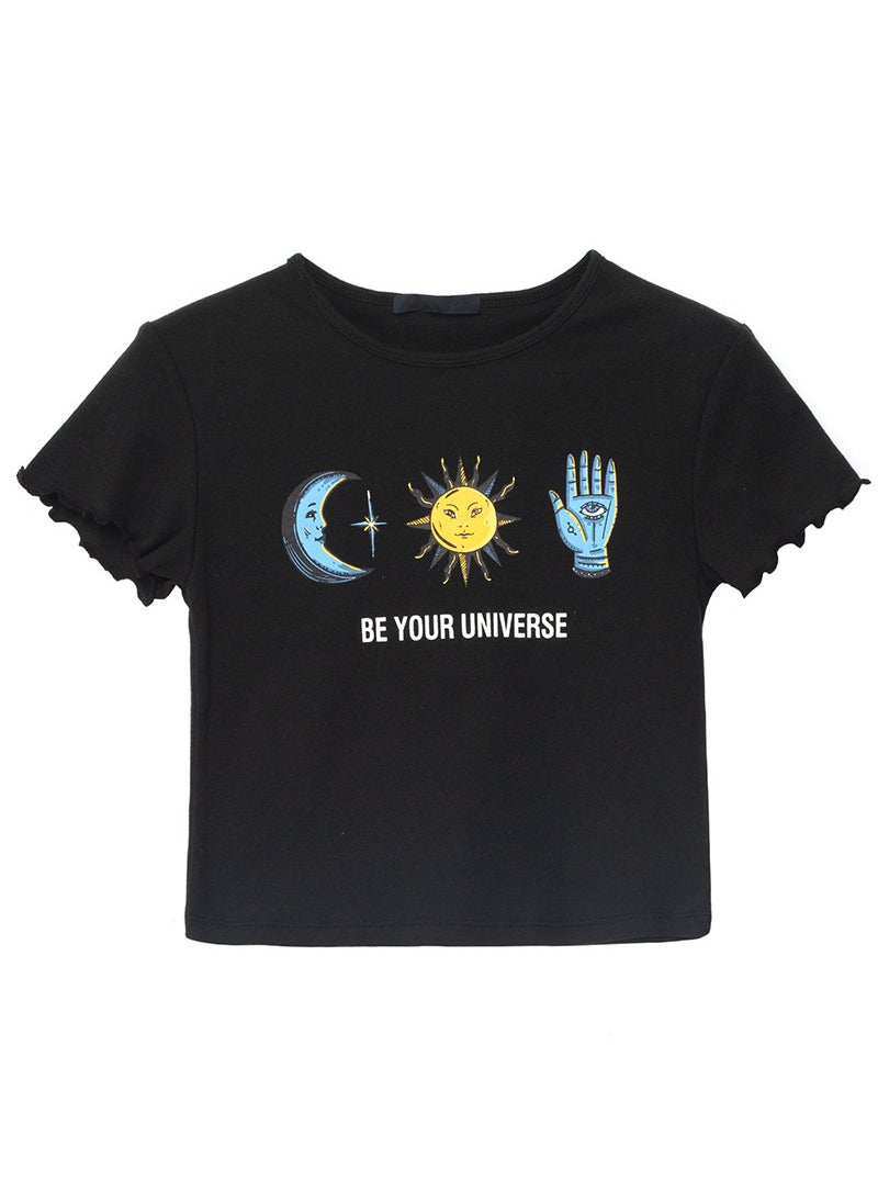 Generic - 1 x 5 pcs Bm HyunA Style Butterfly Short Sleeve T-Shirt Womens Shortie Belly Bear Hong Kong Flavor Top Polyester Fiber round Neck Elegant 303 * Black - Image 1