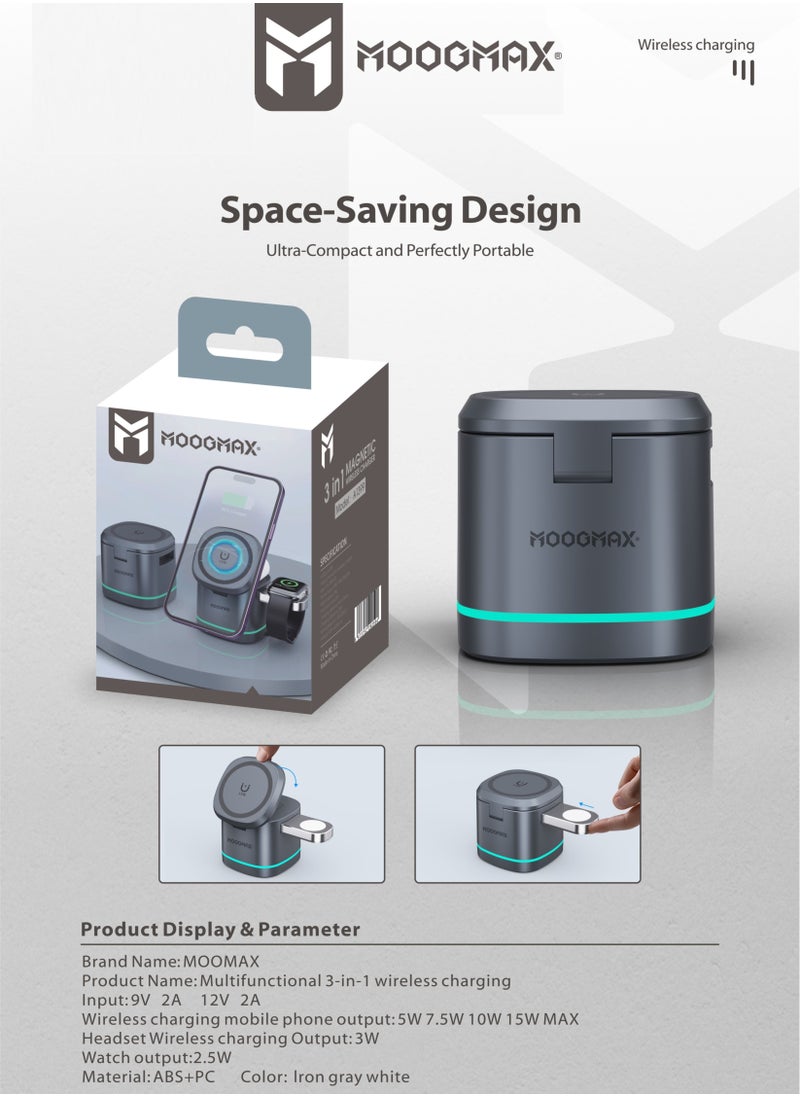 MOOGMAX - Magnetic suction 3-in-1 Wireless charging, features by safe charging,15W charging phones, 3W charging (Apple Watches) ,2.5W for any wireless earphones. - Image 1