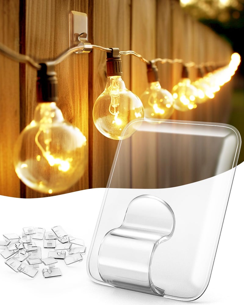 LZC Hooks for Outdoor String Lights Clips 20 Pack Large Clear Rectangle Outdoor Light Clips Waterproof Adhesive Strips Heavy Duty Outside Hanging Cable Rope Light Holders Organizer