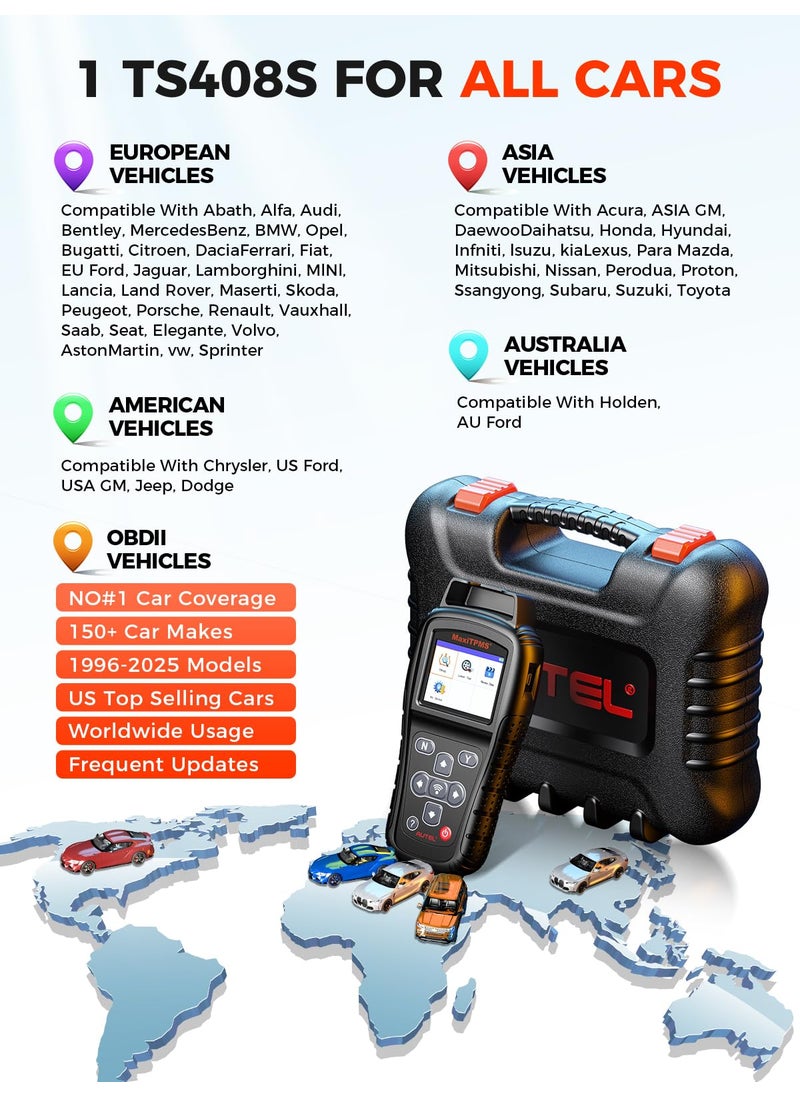 Autel MaxiTPMS TS408S, 2025 TPMS Relearn Tool Work as TS501 PRO TS508WIF MK808S-TS MP900TS, OBD II Programming Scanner, OEM Sensor(315, 433Mhz) Relearn, Activation, TPMS Reset, Read Clear DTCs