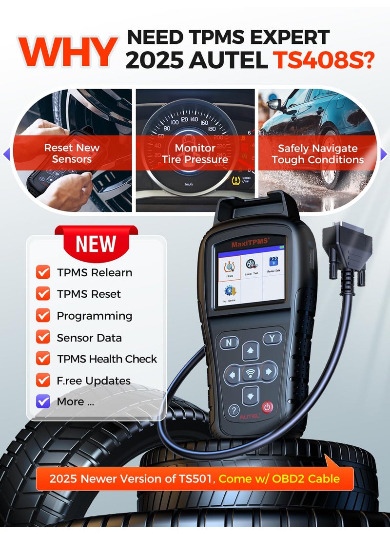 Autel MaxiTPMS TS408S, 2025 TPMS Relearn Tool Work as TS501 PRO TS508WIF MK808S-TS MP900TS, OBD II Programming Scanner, OEM Sensor(315, 433Mhz) Relearn, Activation, TPMS Reset, Read Clear DTCs