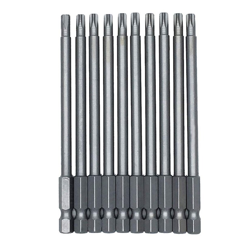 COMOK 10 Pieces 1/4 Inch Hex Shank T25 100mm/3.94 Inch Extra Long Magnetic S2 Steel Torx Security Head Screwdriver Drill Set Bitsrity Head Screwdriver Drill Set Bits (T25)