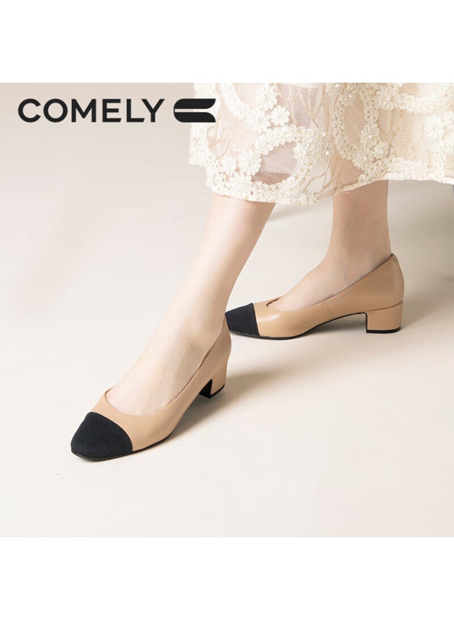 Comely French Style Patchwork Sheepskin Chunky Heel Women's Single Shoes Spring Commuter Versatile High Heels Shoes Apricot 37 - Image 3