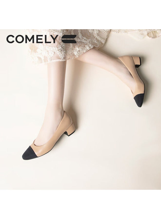 Comely French Style Patchwork Sheepskin Chunky Heel Women's Single Shoes Spring Commuter Versatile High Heels Shoes Apricot 37 - Image 5