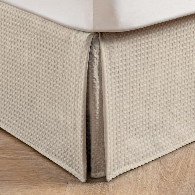 PLEATED WAFFLE WEAVE BED SKIRT TAILORED DUST RUFFLE 14 INCH DROP EASY FIT MACHINE WASHABLE CREAM KING 14 DROP
