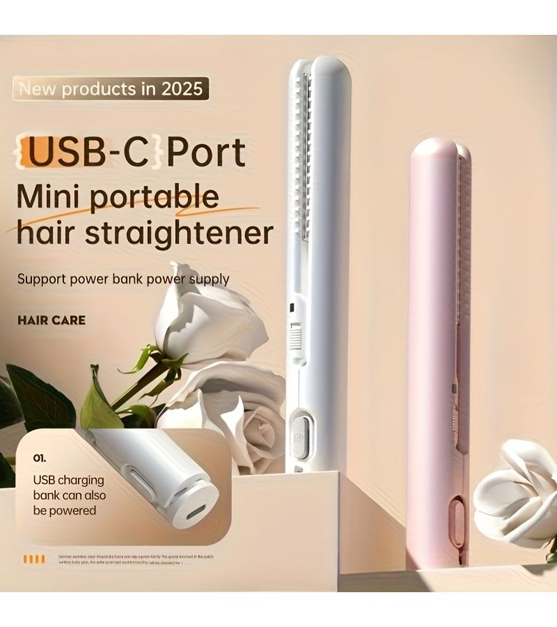 Mini Portable Wireless 2 In 1 Straightener And Curling Wand White USB Charging With Heat Protection Dual Use For Wet Dry Hair Travel Friendly Home Salon Use - Image 1