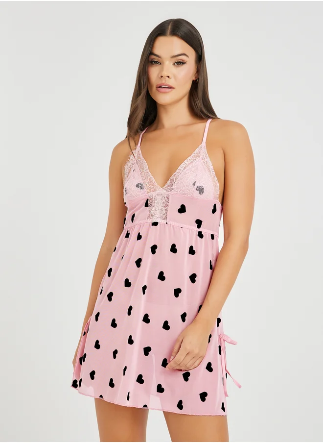 Take Two Take Two Heart Print Bow Detail Mesh Slip Dress