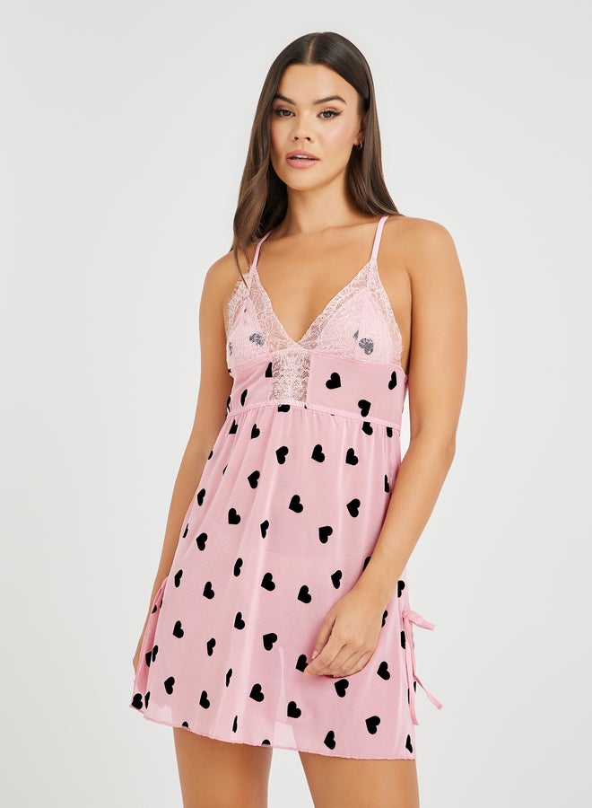 Take Two Take Two Heart Print Bow Detail Mesh Slip Dress - Image 1