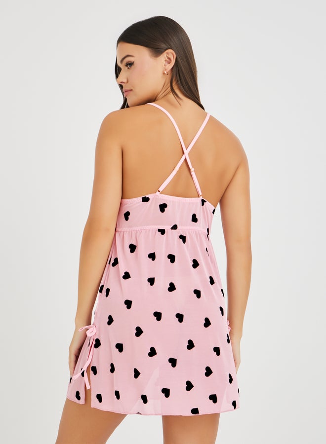 Take Two Take Two Heart Print Bow Detail Mesh Slip Dress - Image 4