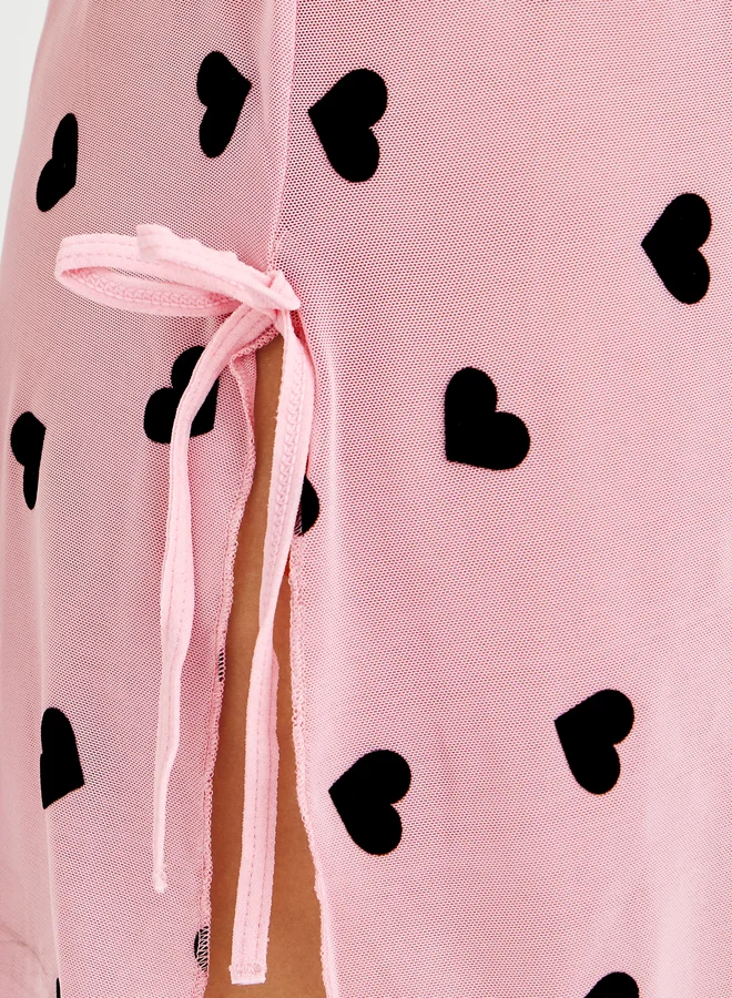 Take Two Take Two Heart Print Bow Detail Mesh Slip Dress