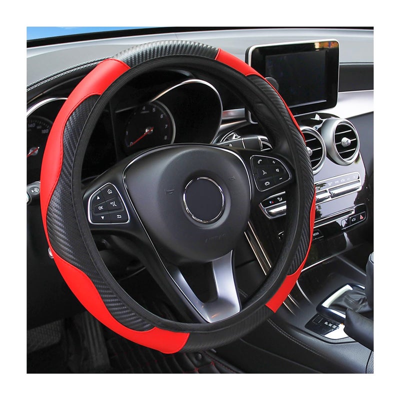 Osilly Car Steering Wheel Cover, 15 inch Carbon Fiber Microfiber PU Leather Elastic Steering Wheel Protector for Men Women, Anti-Slip Breathable Car Interior Accessories for Most Cars (Red) - Image 1