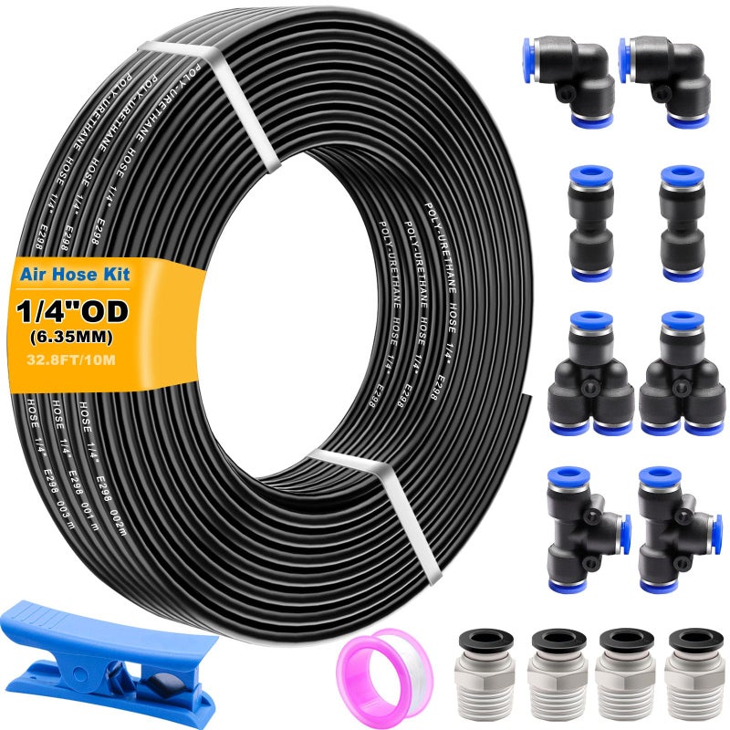 weideer Air Line Tubing Kit14 Air Hose14 635MM OD 328FT Polyurethane PU Air Hose Tube air line with Push To Connect Fittings14 Pcs Compressed Accessories Kit