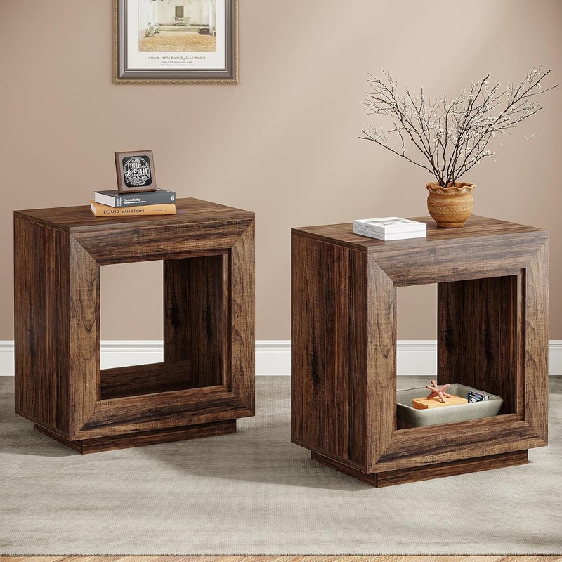 Tribesigns Rustic Wood End Table, 2 Tiered Square Side Table with Storage Shelf, Industrial Sofa Side Table for Living Room, Entrance (Rustic Brown) (1) (2, Brown) - Image 1