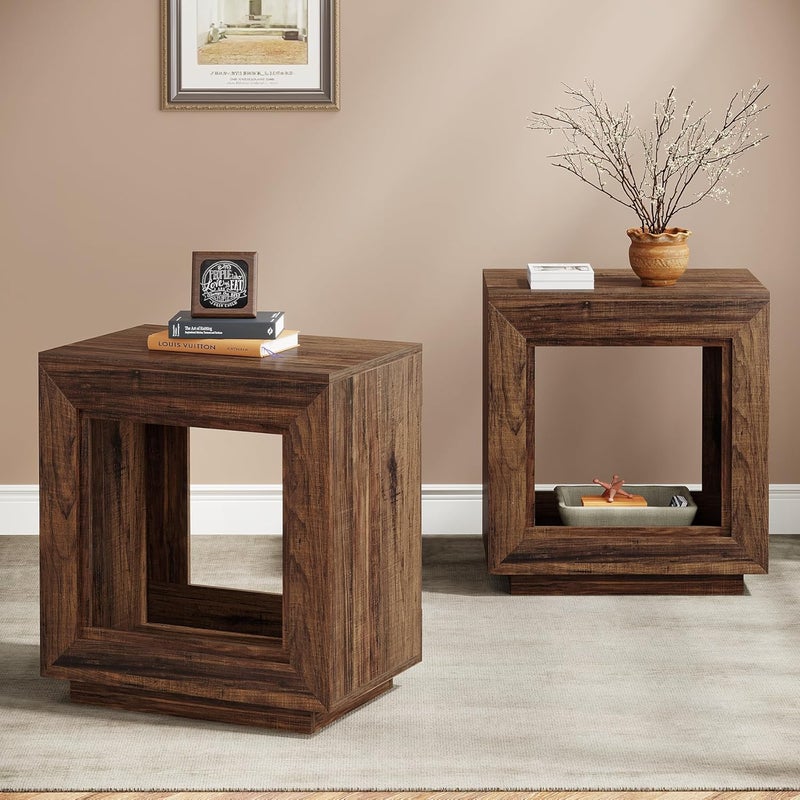 Tribesigns Rustic Wood End Table, 2 Tiered Square Side Table with Storage Shelf, Industrial Sofa Side Table for Living Room, Entrance (Rustic Brown) (1) (2, Brown) - Image 5