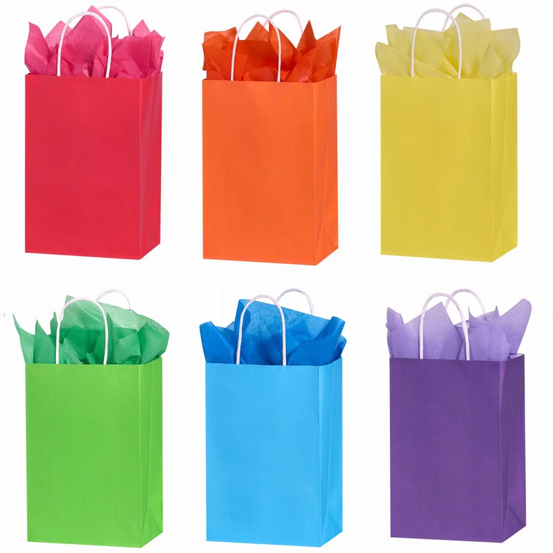 SUNCOLOR Rainbow Gift Bags with Tissue Paper, 24 Pack Small Paper Party Bags, 7.9 x 5.12 x 3.15 Inches, 6 Colors with Handles for Birthday Celebrations, Kids Parties - Image 1