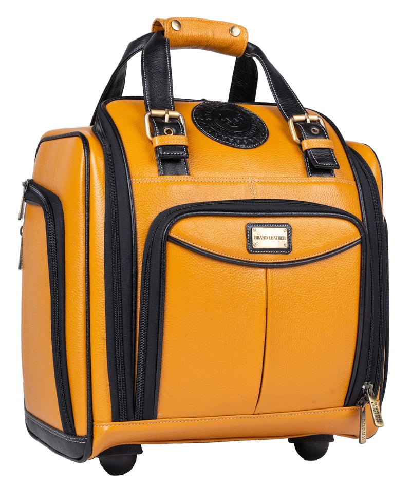 BRAND LEATHER Genuine Leather Underseat Carry-On Rolling Travel Luggage Bags (Yellow) - Image 1