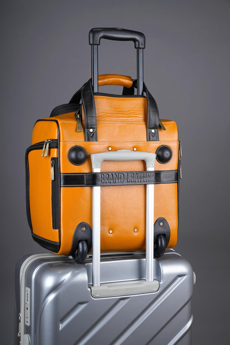 BRAND LEATHER Genuine Leather Underseat Carry-On Rolling Travel Luggage Bags (Yellow) - Image 2