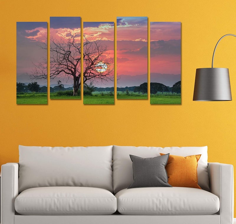 PAPER PLANE DESIGN Painting for Wall Decoration Sunset View Picture 5 Split Panels Art Décor for Living Room Bedroom Hotel Office, Sun-board, (27 x 50 inch) - Image 2