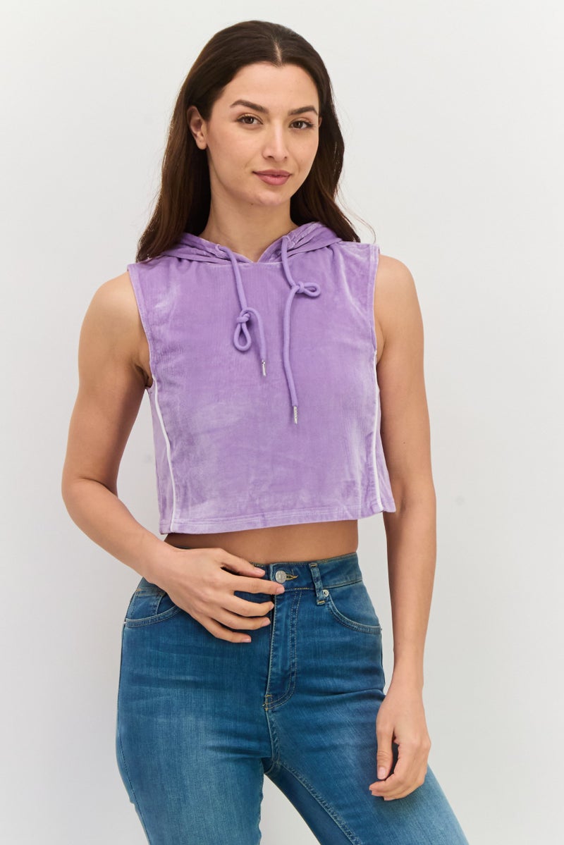 Daisy Street Women Hood With Drawstring Neckline Sleeveless Plain Top, Purple - Image 1