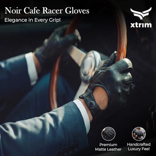 XTRIM Noir Cafe Racer Gloves (Large) Premium Leather Gloves for Men, Secure Metal Button Closure, Double-Stitched Detailing, Matte Finish, Breathable Lining, Iconic Style for Driving & Riding - Image 2