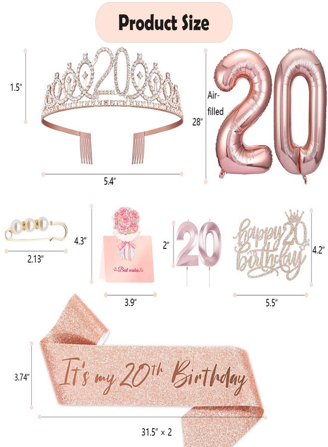 Awfrky 8pcs 20th Birthday Decorations for Women Girls, Including 20 year old Birthday Cake Topper, Birthday Queen Sash with Pearl Pin, Sweet Rhinestone Tiara Crown, Number Candles and Balloons Set, Rose Gold - Image 3