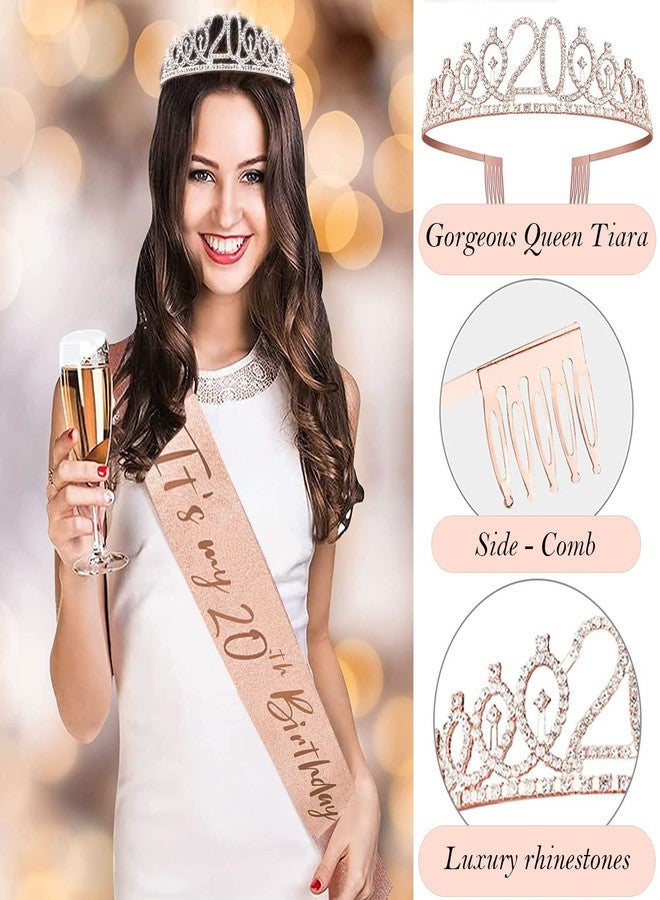 Awfrky 8pcs 20th Birthday Decorations for Women Girls, Including 20 year old Birthday Cake Topper, Birthday Queen Sash with Pearl Pin, Sweet Rhinestone Tiara Crown, Number Candles and Balloons Set, Rose Gold - Image 4