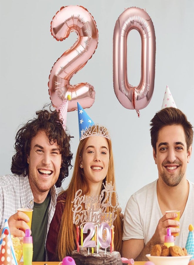 Awfrky 8pcs 20th Birthday Decorations for Women Girls, Including 20 year old Birthday Cake Topper, Birthday Queen Sash with Pearl Pin, Sweet Rhinestone Tiara Crown, Number Candles and Balloons Set, Rose Gold - Image 2