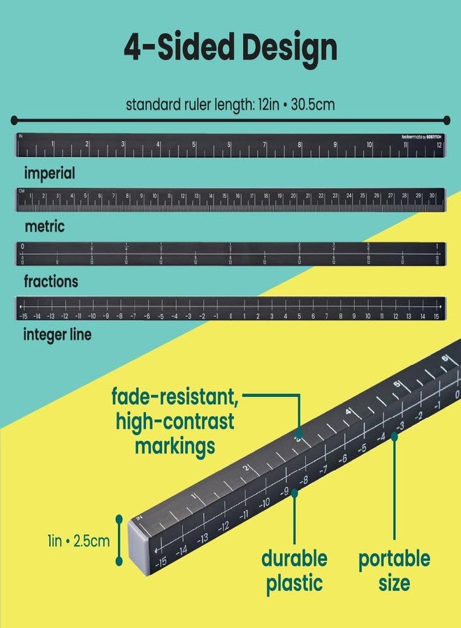 LockerMate MeasureMate Learning Ruler, Four-Sided Math Tool for Students, Teaching Number Lines, Fraction Line, with Metric and Imperial, Black, 2-Pack - Image 3