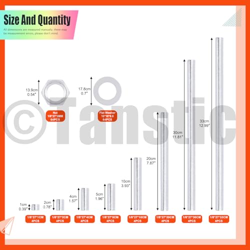 Tanstic 160Pcs Lamp Rod Threaded Rods Lamp Pipe DIY Lamp Repair Hardware Assortment Including 32Pcs 8 Sizes Lamp Pipe Nipples, 64Pcs Washers, 64Pcs Lock Nuts - Image 2