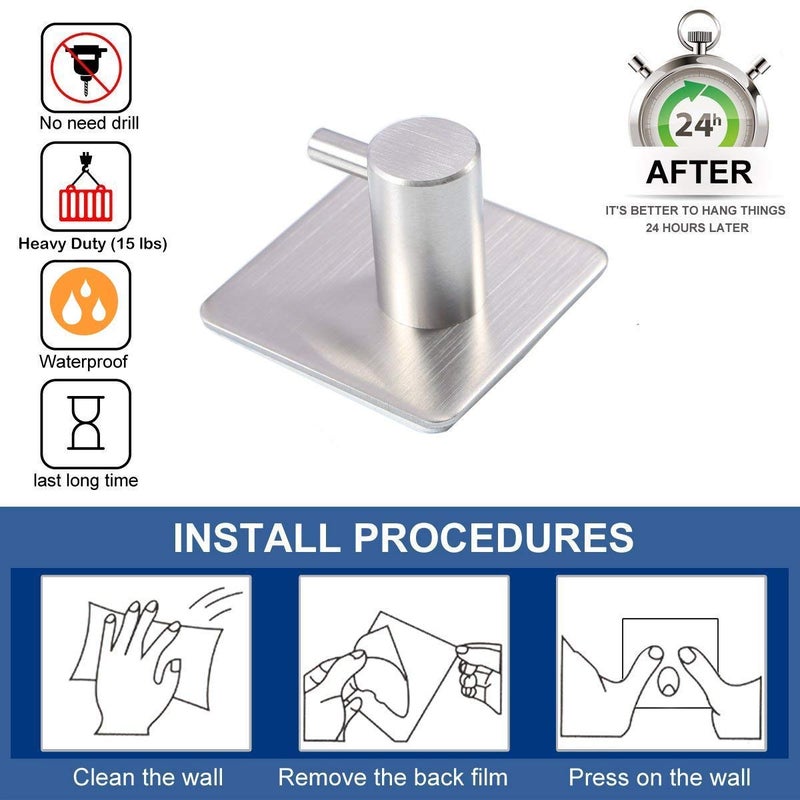 BluBasket Heavy Duty Adhesive Wall Hooks Waterproof Stainless Steel Hooks for Hanging Coat HatTowel Set of 4 - Image 2