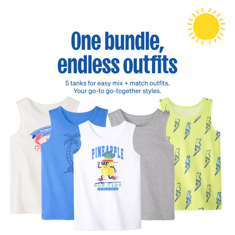 Garanimals Baby & Toddler Boy Beach Tank Tees - Kid's Sleeveless Tank Top - Size 3T - Off-White, Blue, Yellow, Medium Grey, White - 5 Pack - Image 4