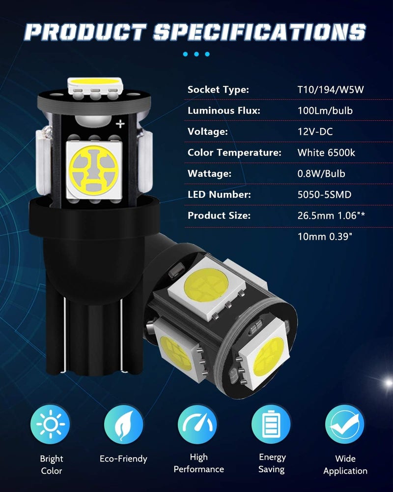 Alopee W5W 501 LED Interior Car Lights Bulbs, T10 194 White LED Bulbs 12V 5SMD 5050 Chips 7000K Replacement Bulbs For Map Dome Courtesy License Plate Dashboard Side Marker Light (20Pack) - Image 3