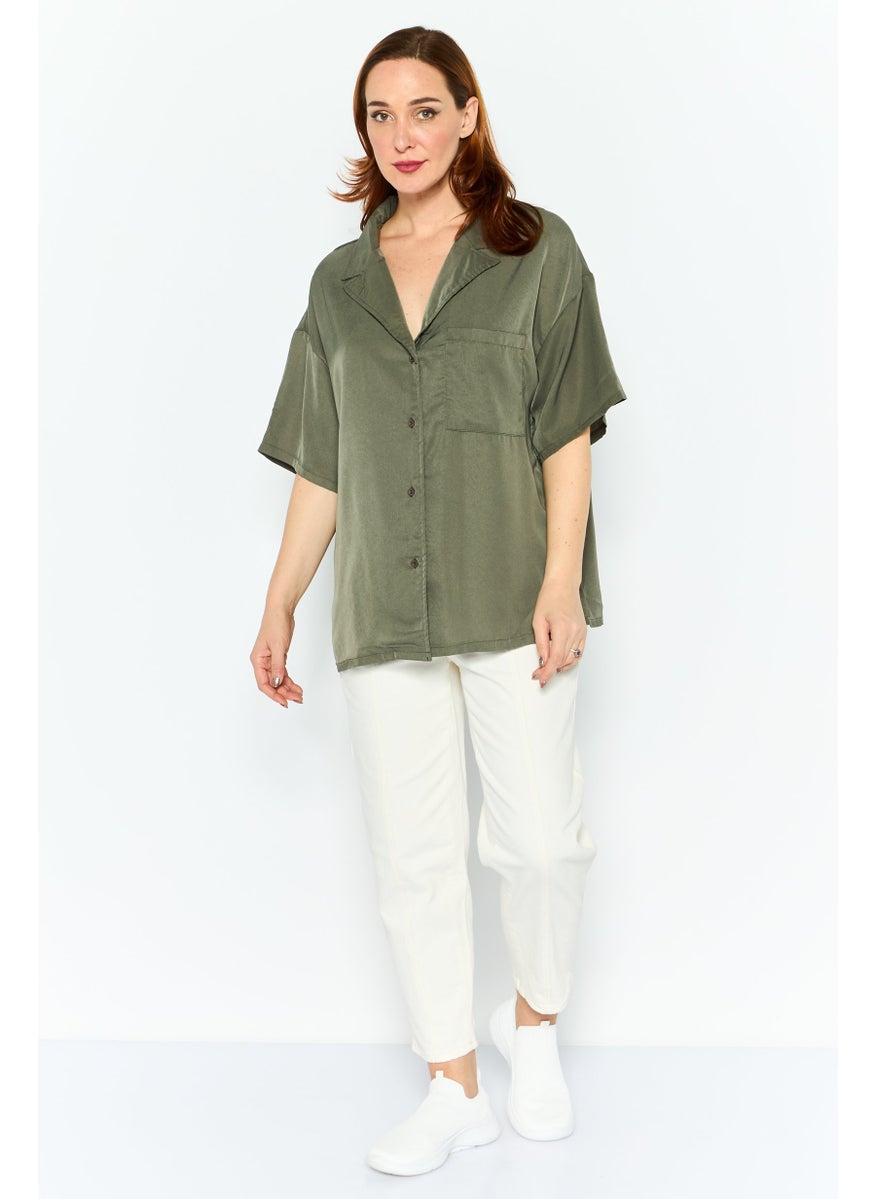 In the style - Women Lapel Collar Short Sleeve Plain Shirt, Khaki - Image 1