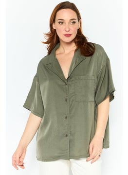 Women Lapel Collar Short Sleeve Plain Shirt, Khaki