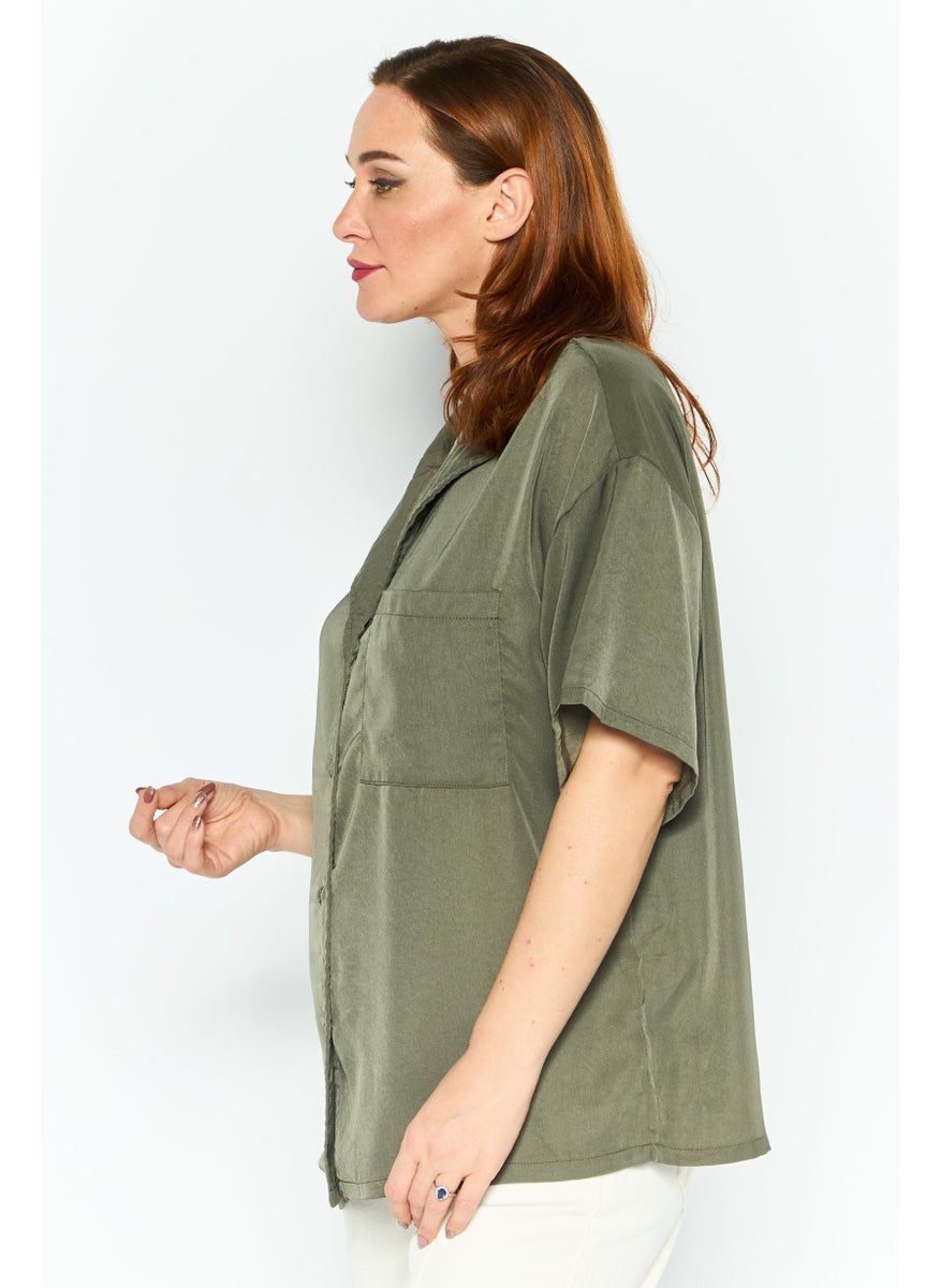 In the style - Women Lapel Collar Short Sleeve Plain Shirt, Khaki - Image 1
