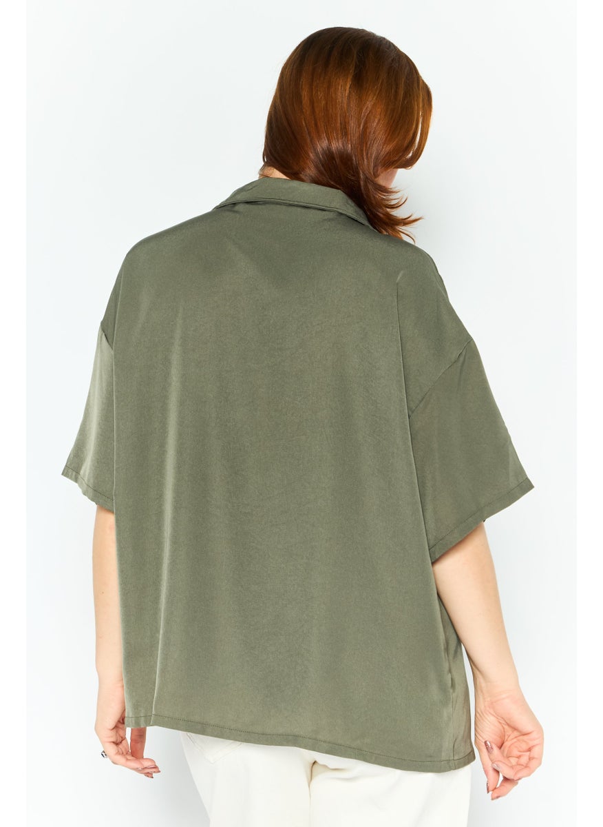 In the style - Women Lapel Collar Short Sleeve Plain Shirt, Khaki - Image 1
