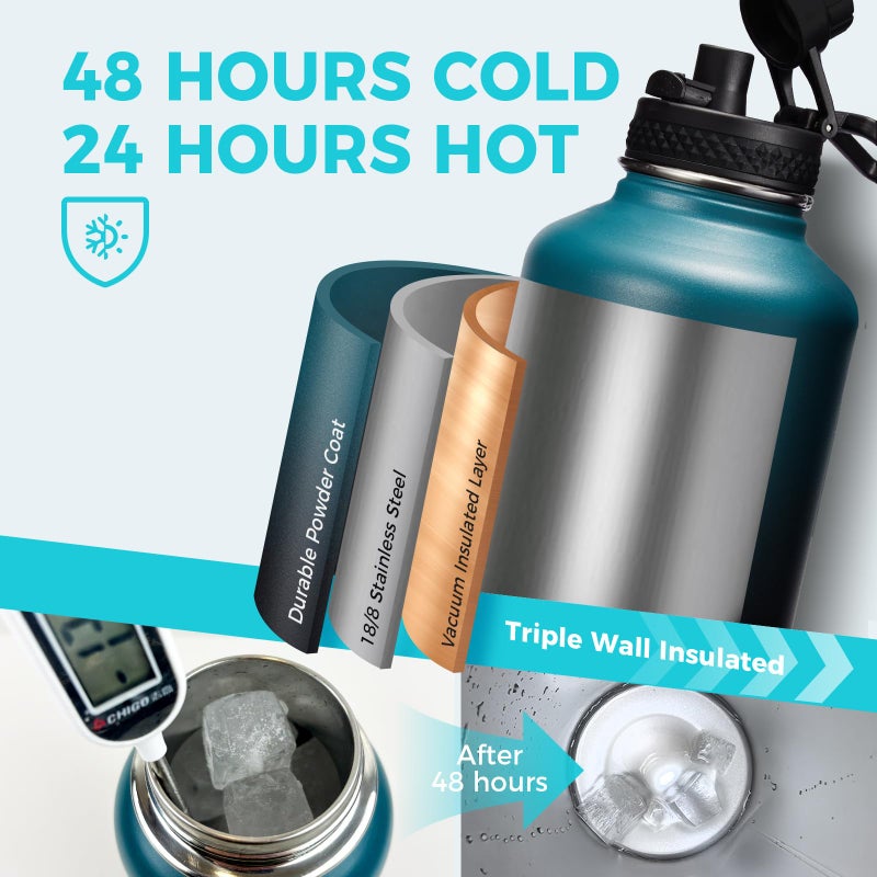 VICKNIY 64OZ Stainless Steel Water Bottles - Half Gallon Water Bottle with Straw Lids, Reusable Vacuum Insulated Water Jug w/Carrier Bag, Leak Proof Metal Waterbottle for Sports Gym Workout Travel Hiking - Image 3