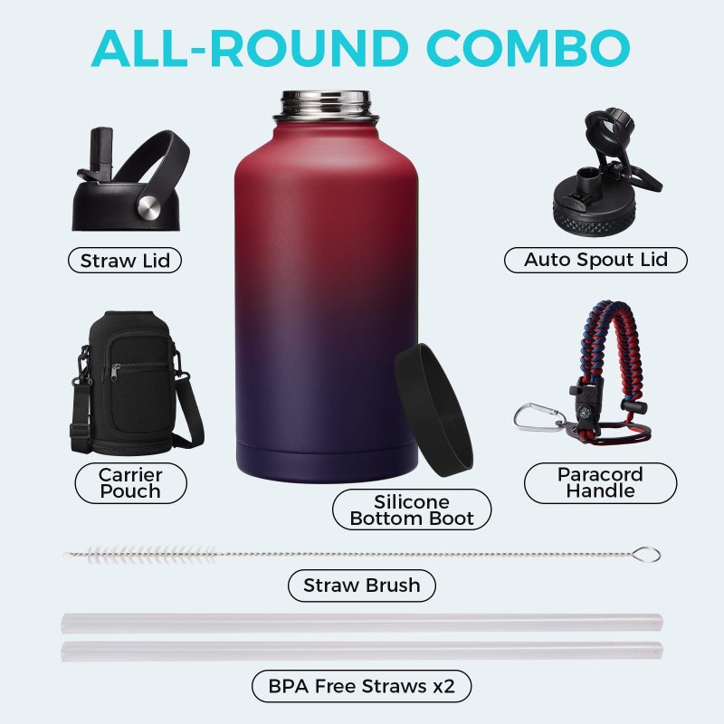 VICKNIY 64OZ Stainless Steel Water Bottles - Half Gallon Water Bottle with Straw Lids, Reusable Vacuum Insulated Water Jug w/Carrier Bag, Leak Proof Metal Waterbottle for Sports Gym Workout Travel Hiking - Image 2