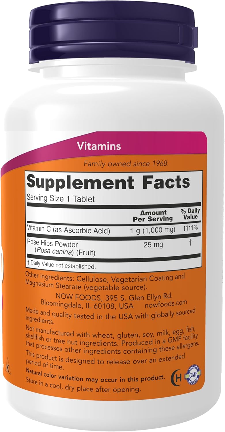 NOW Foods Vitamin C-1000 Sustained Release with Rose Hips, 100 Tablets - Image 2