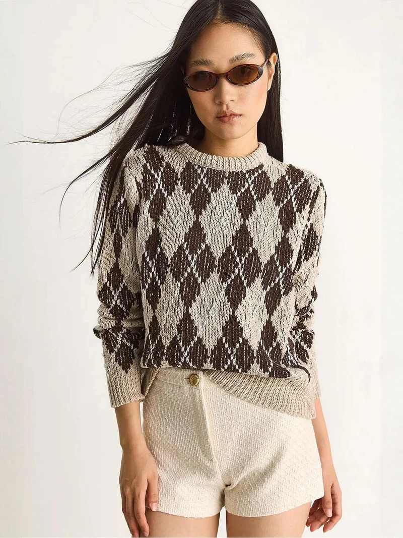 Bianco Lucci LUCCI Women’s Crew Neck Knitted Sweater with Diamond Pattern