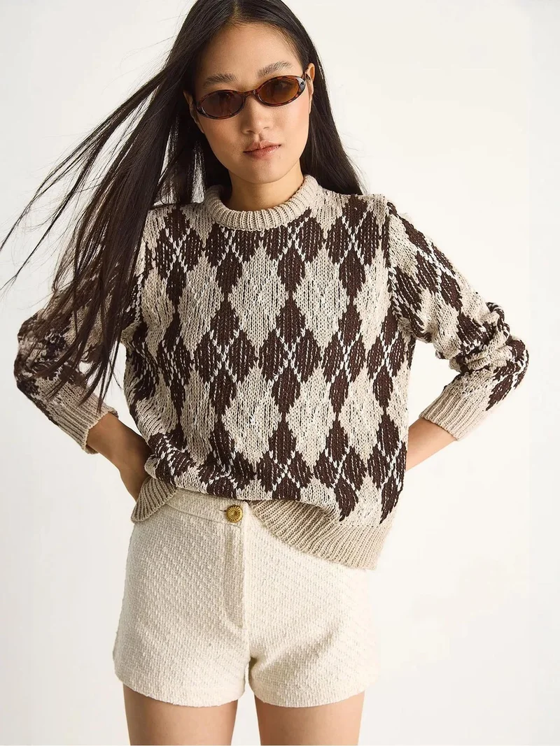 Bianco Lucci LUCCI Women’s Crew Neck Knitted Sweater with Diamond Pattern