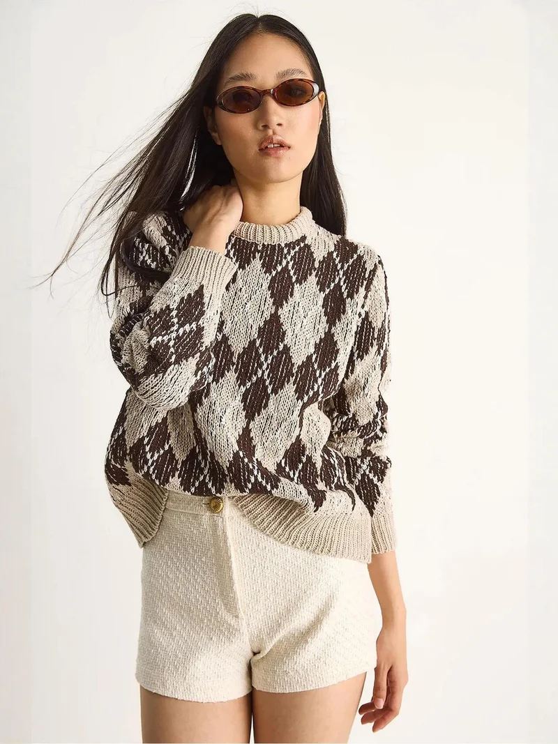Bianco Lucci LUCCI Women’s Crew Neck Knitted Sweater with Diamond Pattern