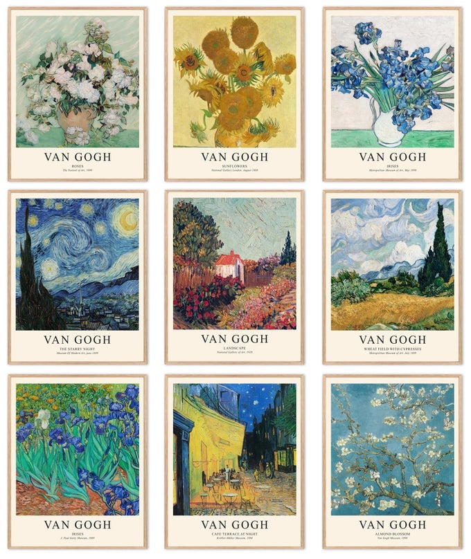 VAN GOGH WALL ART PRINTS VINTAGE VAN GOGH SUNFLOWERS STARRY NIGHT RETRO FAMOUS ARTIST PAINTINGS MUSEUM GALLERY EXHIBITION POSTER FOR LIVING ROOM BEDROOM DORM OFFICE UNFRAMED 8X10 INCHES