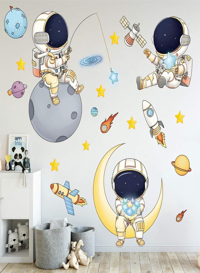 DREAM DECALS ملصقات جدارية بتصميم رائد فضاء، سهلة اللصق، لغرفة نوم الأولاد، برسومات كرتونية لرجل فضاء وكوكب خارجي، فن إبداعي يمكنك صنعه بنفسك، ملصق جداري من الفينيل، نجمة، سفينة فضائية، طبق طائر، ديكور ورق جدران، 120 × 120 سم - Image 1