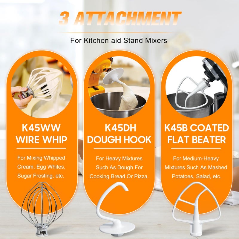 Funmit Mixers Accessories K45WW Wire Whip K45DH Dough Hook K45B Coated Flat Blade Paddle with Scraper Replacement for Kitchen Tilt-Head Aid Stand Mixer Attachments- Stainless Steel - Image 1
